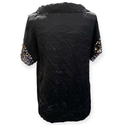 T-shirt con collo sciallato e dettagli strass sulle maniche