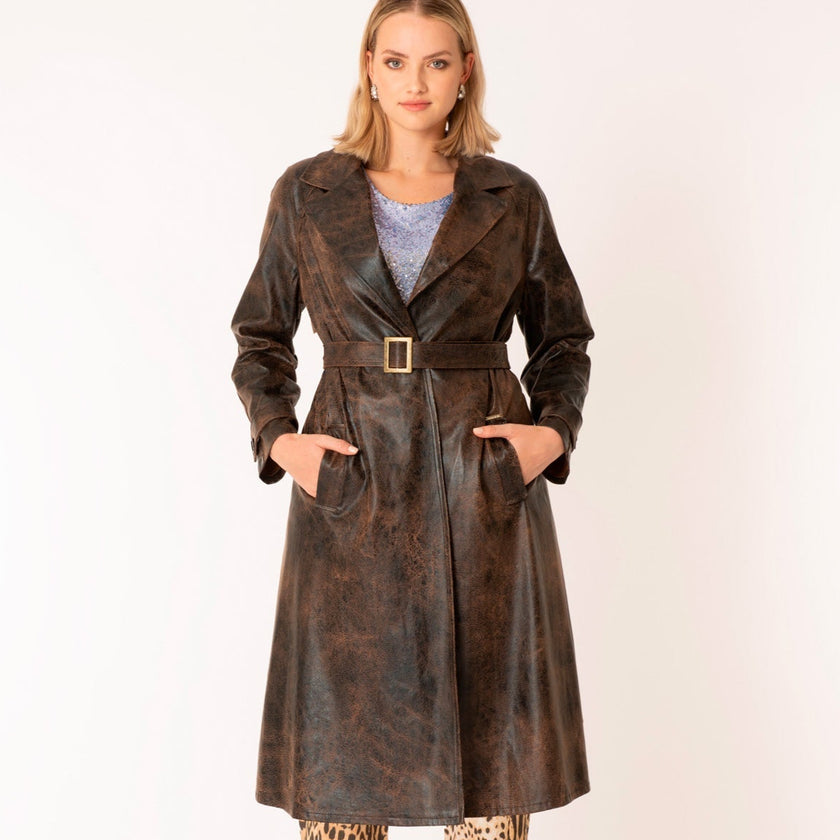 Trench in Eco Pelle Effetto Vintage con Cintura in Vita MORE