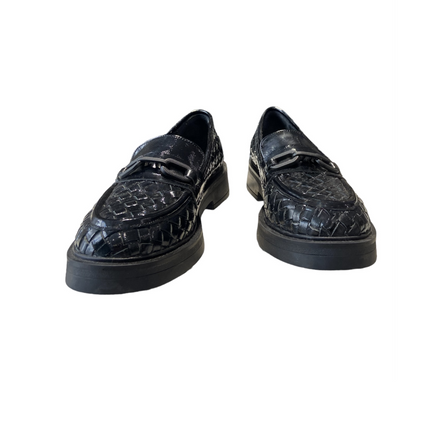 Mocassino in ecopelle intrecciata e fibbia, suola in gomma alta 5 cm