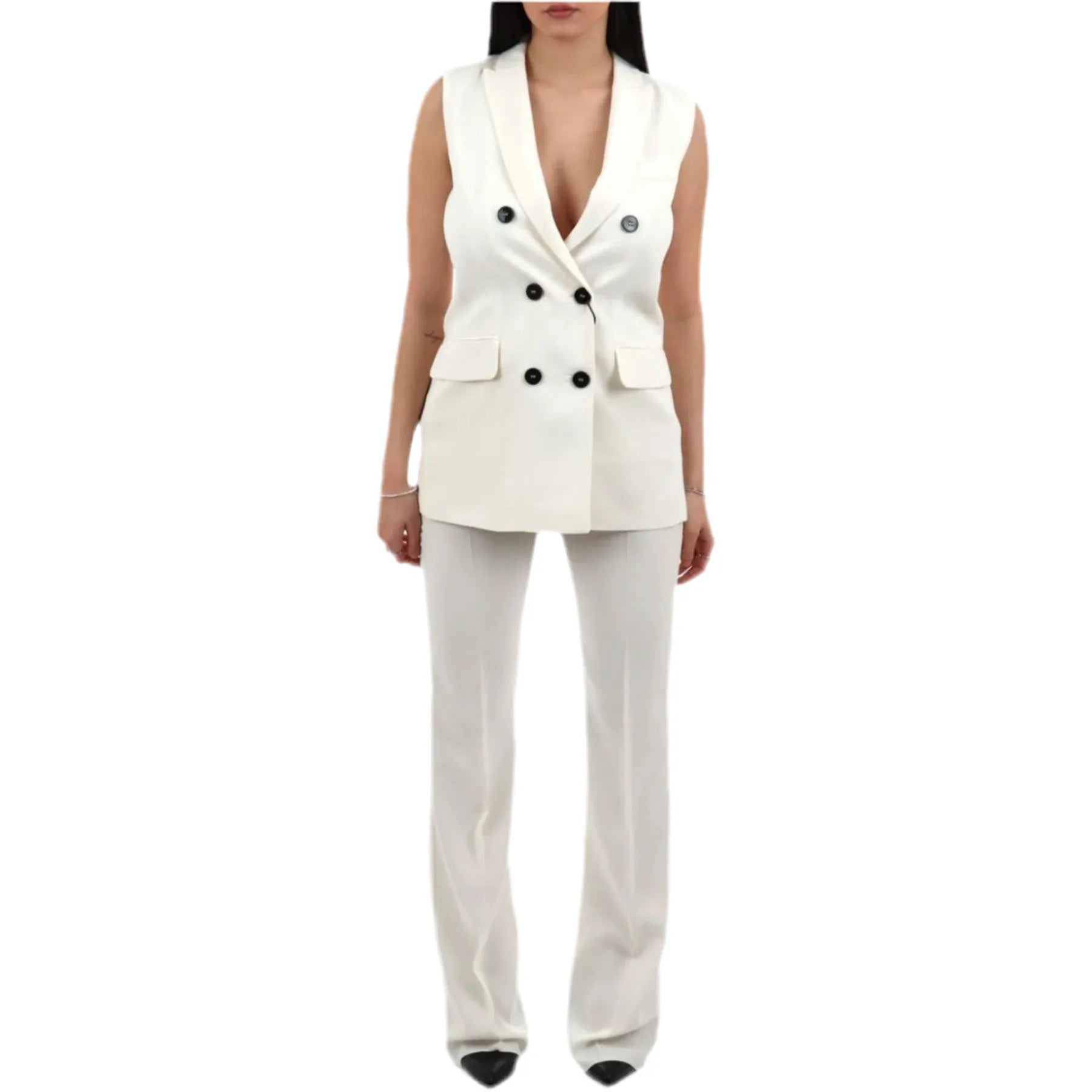 Tailleur con Giacca Smanicata Doppio Petto con Bottoni Neri a Contrasto e Pantalone Ampio EMME MARELLA