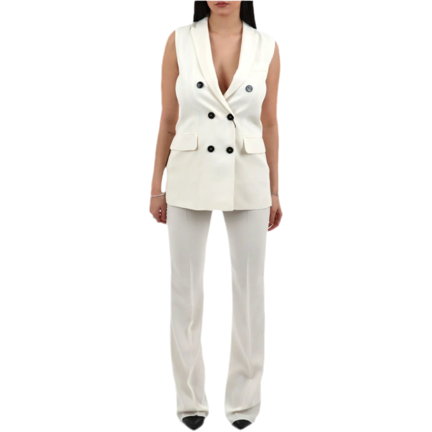 Tailleur con Giacca Smanicata Doppio Petto con Bottoni Neri a Contrasto e Pantalone Ampio EMME MARELLA