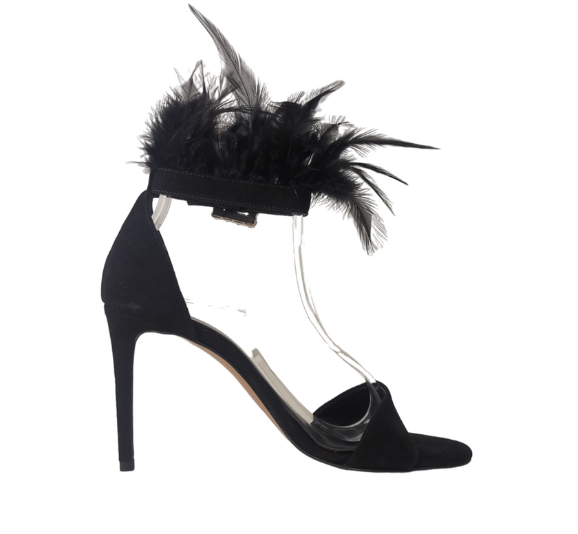 Sandalo con piume e tacco a spillo e applicazione sul davanti e sul lato RINASCIMENTO LUXURY