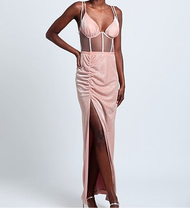 Abito lungo satinato con bustino trasparente FELEPPA