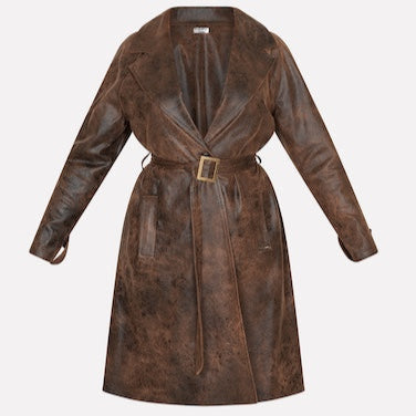 Trench in Eco Pelle Effetto Vintage con Cintura in Vita MORE