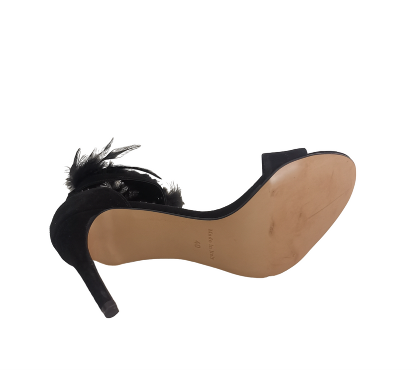 Sandalo con piume e tacco a spillo e applicazione sul davanti e sul lato RINASCIMENTO LUXURY