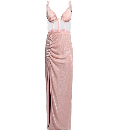 Abito lungo satinato con bustino trasparente FELEPPA