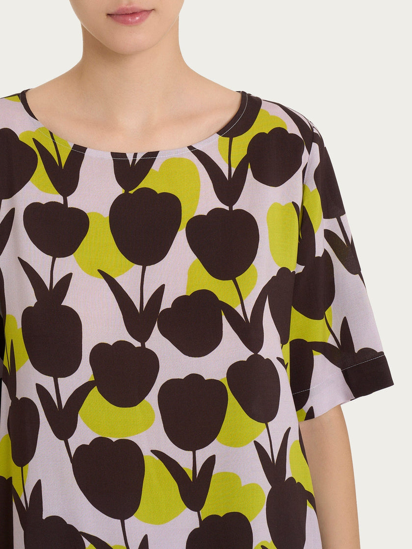 Blusa Girocollo con Macro Tulips Pattern in Ecoseta RAGNO
