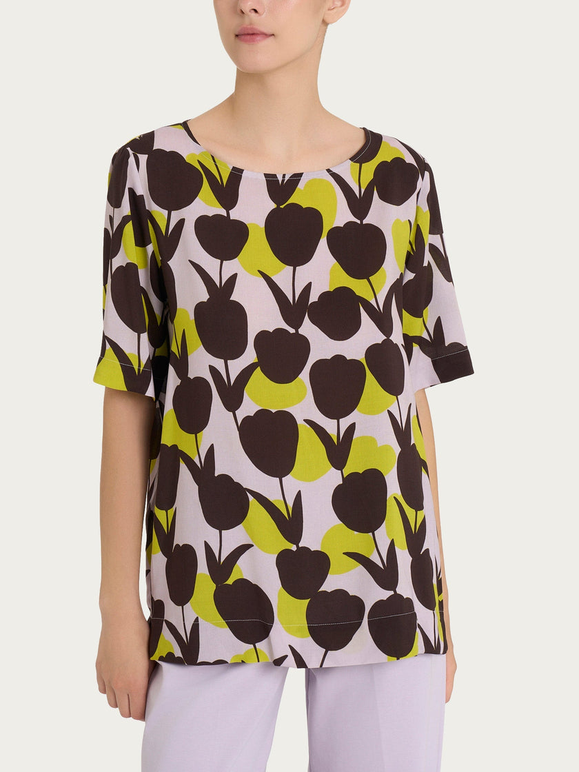 Blusa Girocollo con Macro Tulips Pattern in Ecoseta RAGNO
