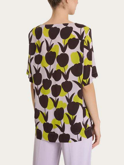 Blusa Girocollo con Macro Tulips Pattern in Ecoseta