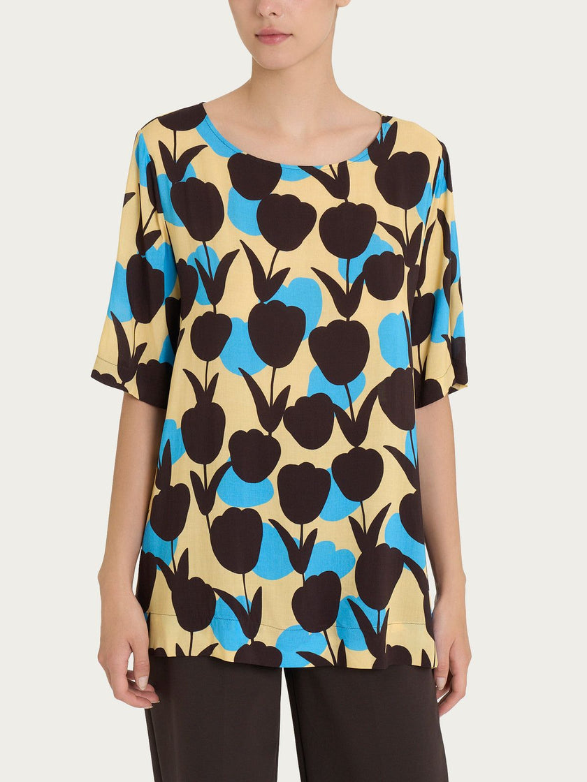 Blusa girocollo con macro tulips pattern in Ecoseta RAGNO