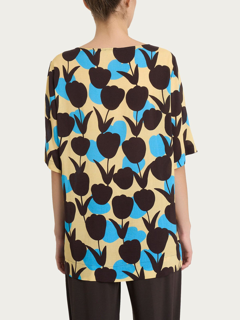 Blusa girocollo con macro tulips pattern in Ecoseta RAGNO