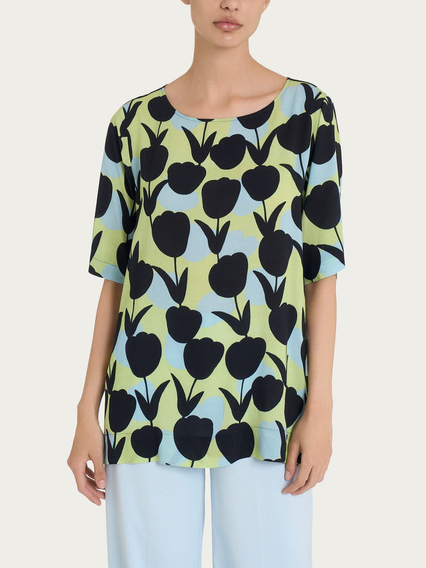 Blusa girocollo con macro tulips pattern in Ecoseta RAGNO