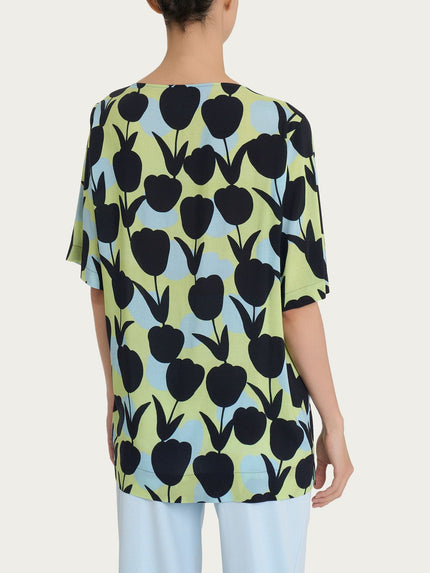 Blusa Girocollo con Macro Tulips Pattern in Ecoseta