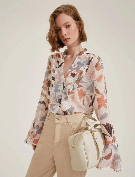 Blusa Fantasia a Fiori con Collo Coreano e Rouches