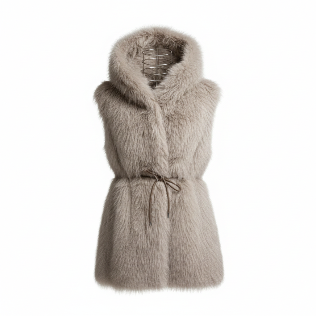 GILET ECO PELLICCIA SG402 CON CAPUCCIO E CINTURA IN VITA