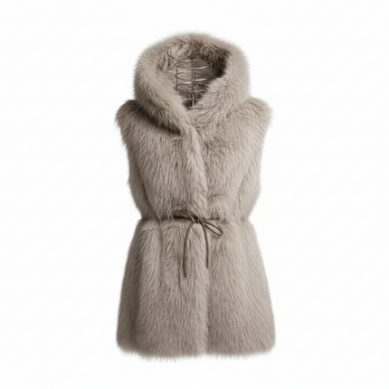 GILET ECO PELLICCIA SG402 CON CAPUCCIO E CINTURA IN VITA