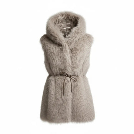 GILET ECO PELLICCIA SG402 CON CAPUCCIO E CINTURA IN VITA