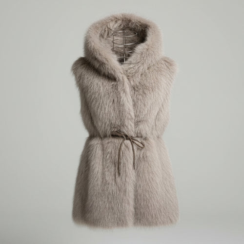 GILET ECO PELLICCIA SG402 CON CAPUCCIO E CINTURA IN VITA