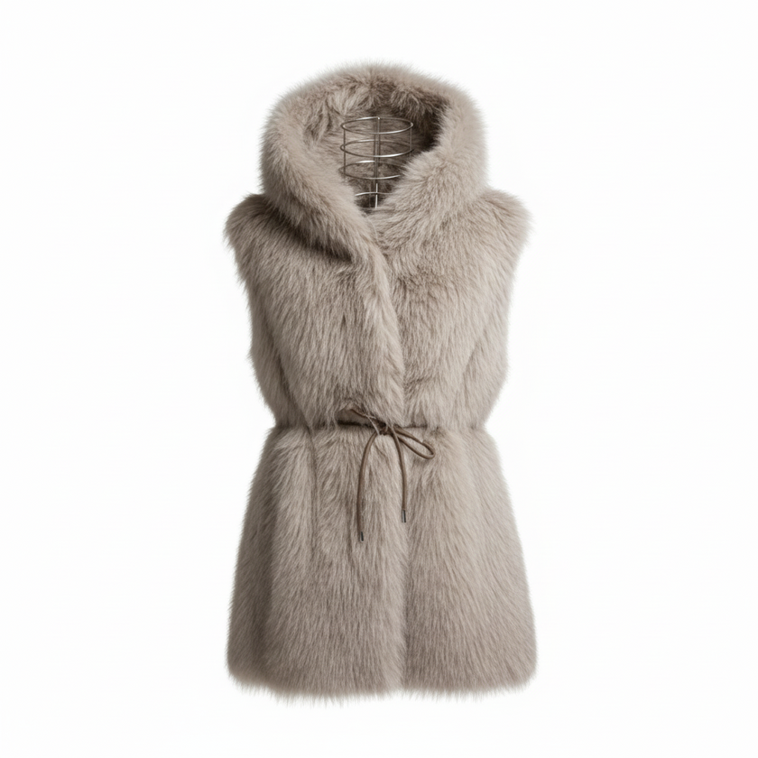 GILET ECO PELLICCIA SG402 CON CAPUCCIO E CINTURA IN VITA