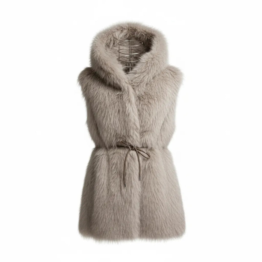 GILET ECO PELLICCIA SG402 CON CAPUCCIO E CINTURA IN VITA