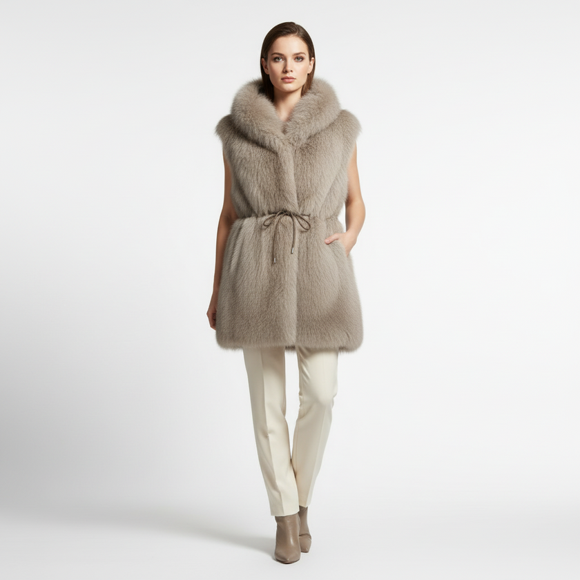 GILET ECO PELLICCIA SG402 CON CAPUCCIO E CINTURA IN VITA