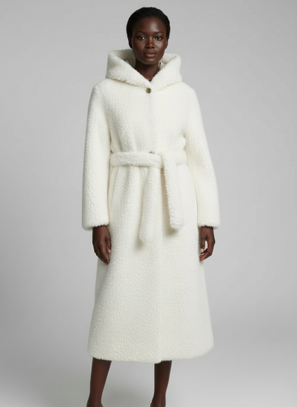 ECO PELLICCIA VESTAGLIA SG416 CON CAPPUCCIO E CINTURA IN VITA