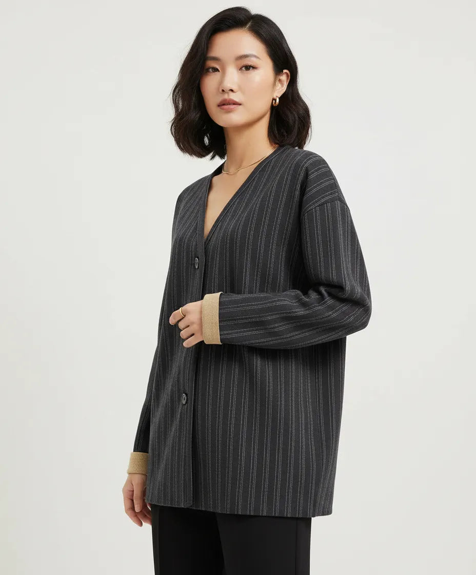 Cardigan 480105 Gessato con Polsini a Contrasto