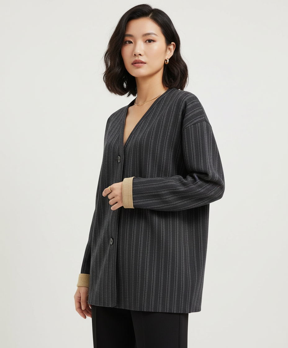 Cardigan 480105 Gessato con Polsini a Contrasto