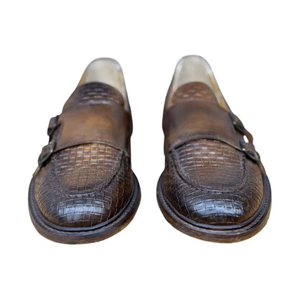Mocassino in Pelle Stampata A Motivo Intrecciato con Doppia Fibbia e Fondo Cuoio