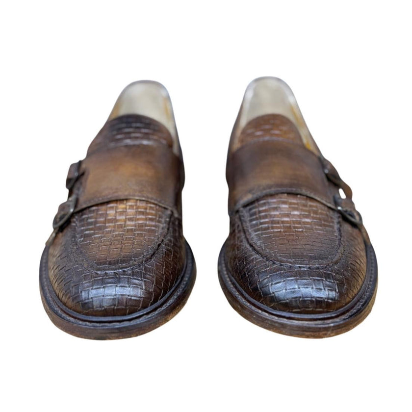 Mocassino in Pelle Stampata A Motivo Intrecciato con Doppia Fibbia e Fondo Cuoio