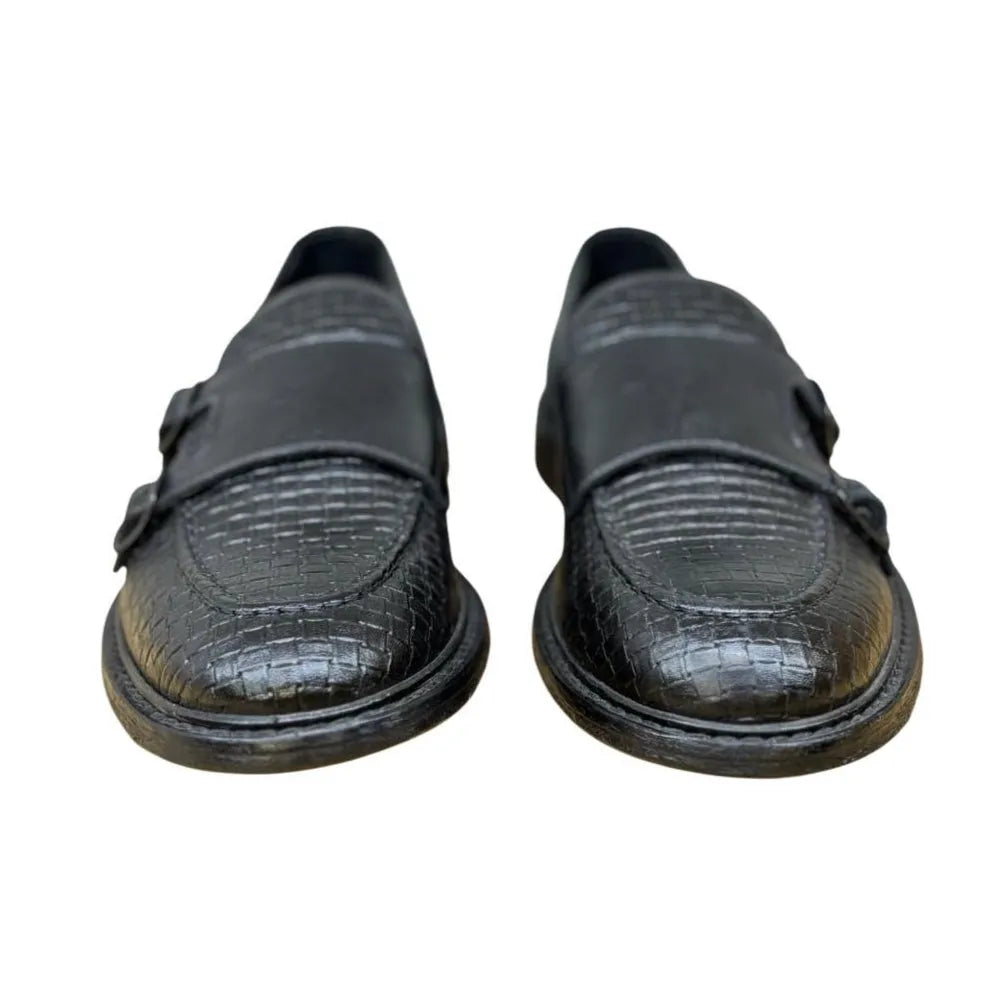 Mocassino in Pelle Stampata A Motivo Intrecciato con Doppia Fibbia e Fondo Cuoio