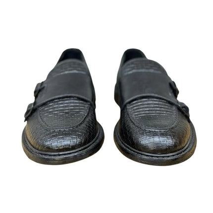 Mocassino in Pelle Stampata A Motivo Intrecciato con Doppia Fibbia e Fondo Cuoio