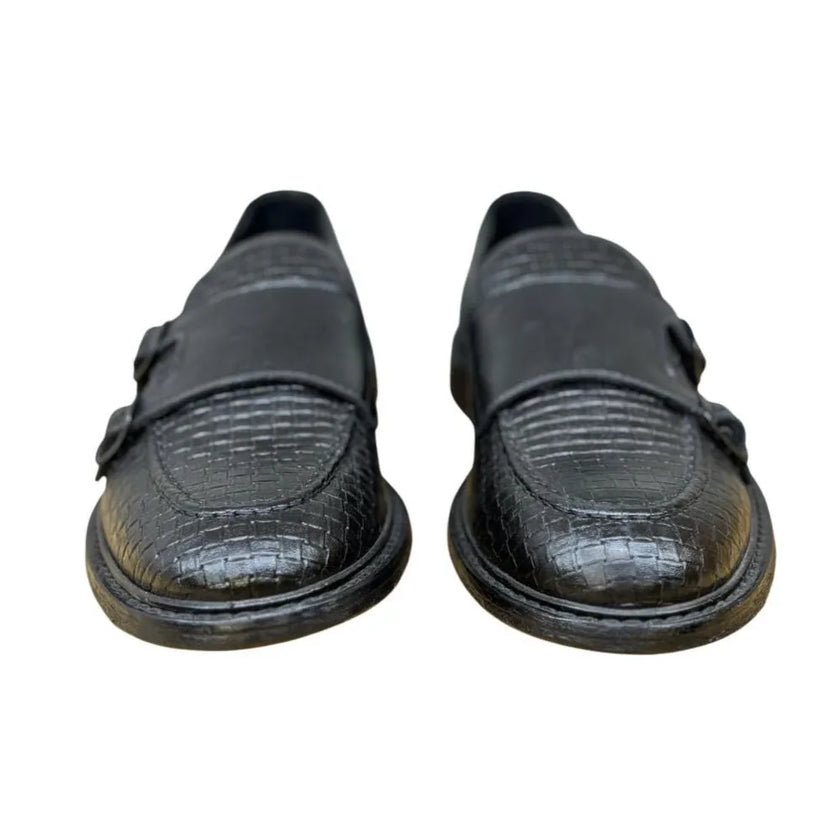 Mocassino in Pelle Stampata A Motivo Intrecciato con Doppia Fibbia e Fondo Cuoio