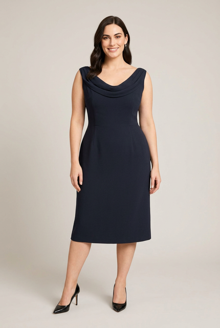Abito YSU870 blu scuro su modella a figura intera, sfondo greige