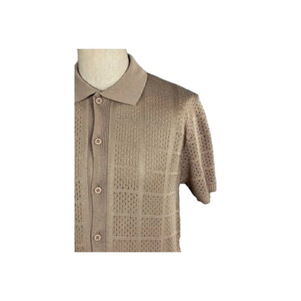 Polo Uomo Cardigan in Maglia MIcro Traforata BERNESE, Beige — vista retro/laterale | WEMAX