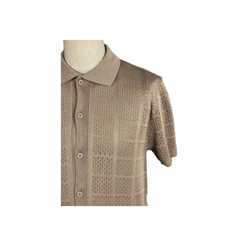 Polo Uomo Cardigan in Maglia MIcro Traforata BERNESE, Beige — vista retro/laterale | WEMAX