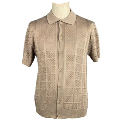 Polo Uomo Cardigan in Maglia MIcro Traforata BERNESE, Beige — vista frontale | WEMAX